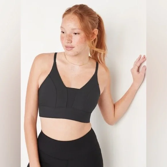 Old Navy Black Ribbed Powersoft Sports Bra L – Padded Activewear Top Bra - Picture 2 of 5